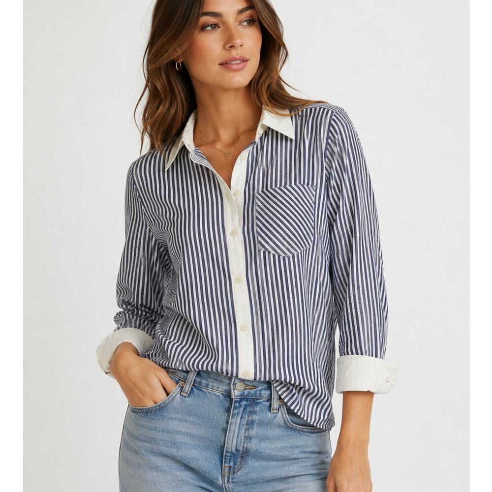 Michael Kors Blue & White Striped Long Sleeve Button Down Shirt Womens M Preppy